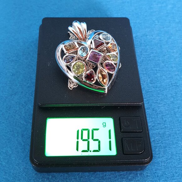 Vintage High Quality Sterling Silver Natural Multi-Gem Heart Pendant Necklace - Picture 11 of 13